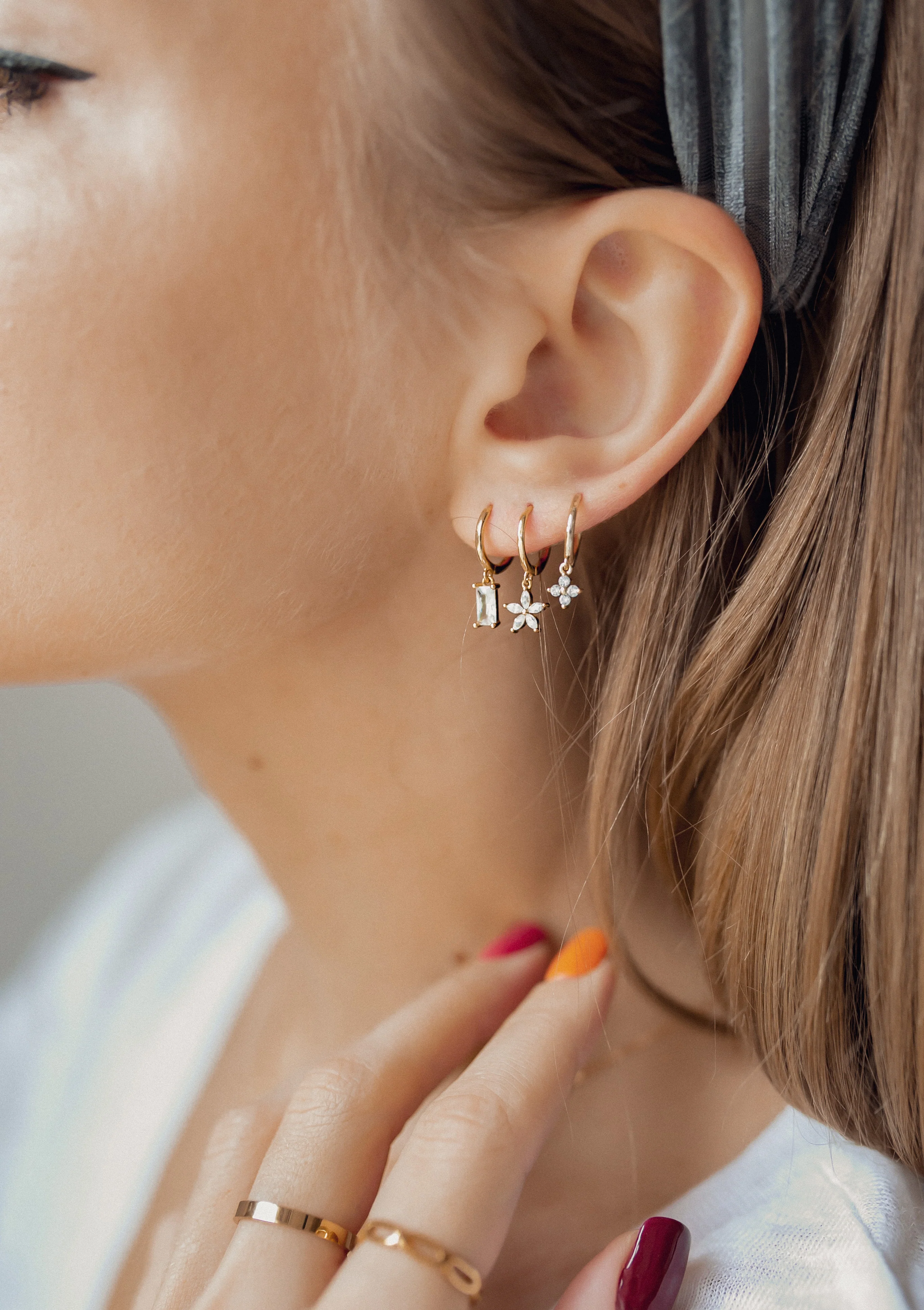 Gemstone Daisy Huggie Earrings Sterling Silver - Image 16
