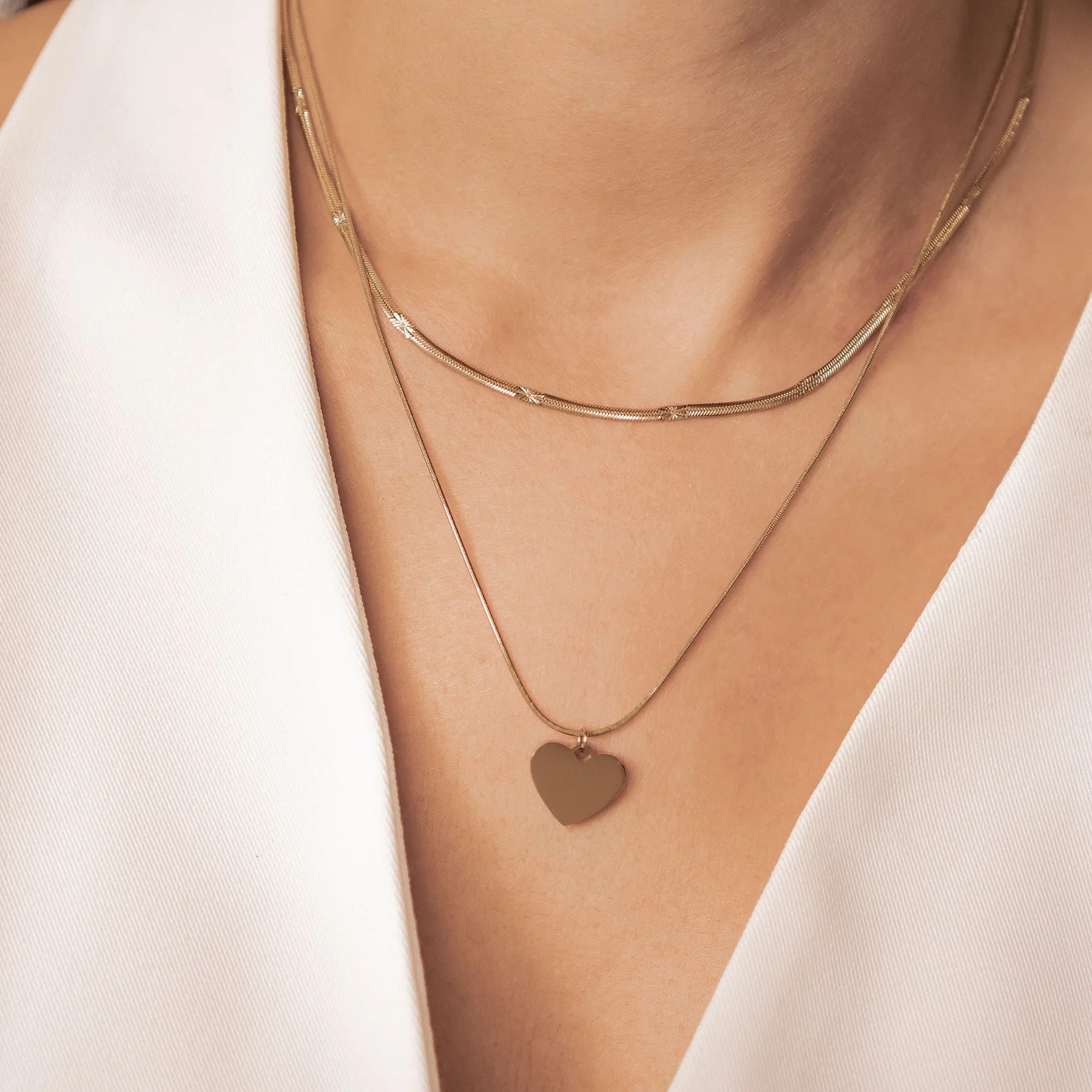 Heart and Textured Snake Chain Necklace Set Waterproof - Image 3
