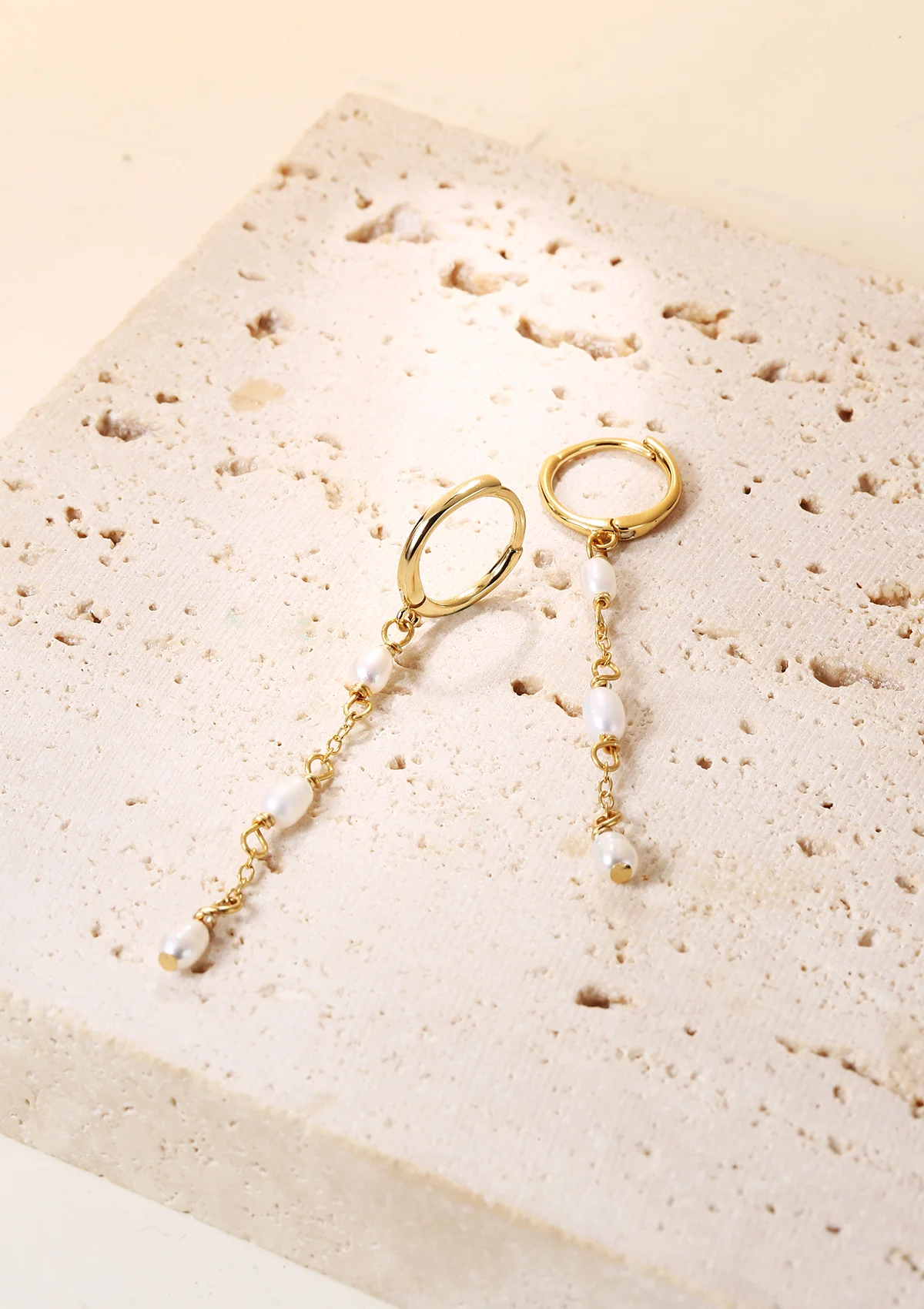 Triple Pearl Huggie Earrings Sterling Silver Gold - Image 3