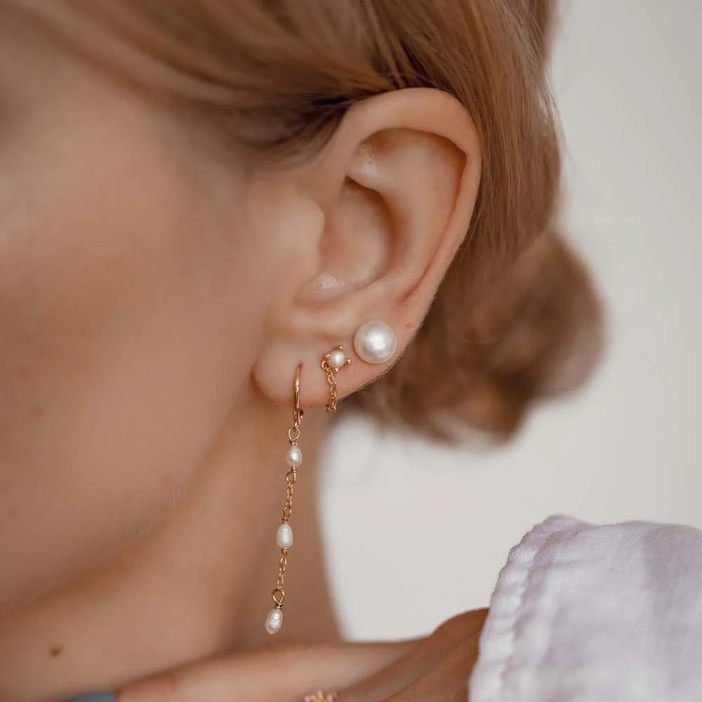 Triple Pearl Huggie Earrings Sterling Silver Gold - Image 5