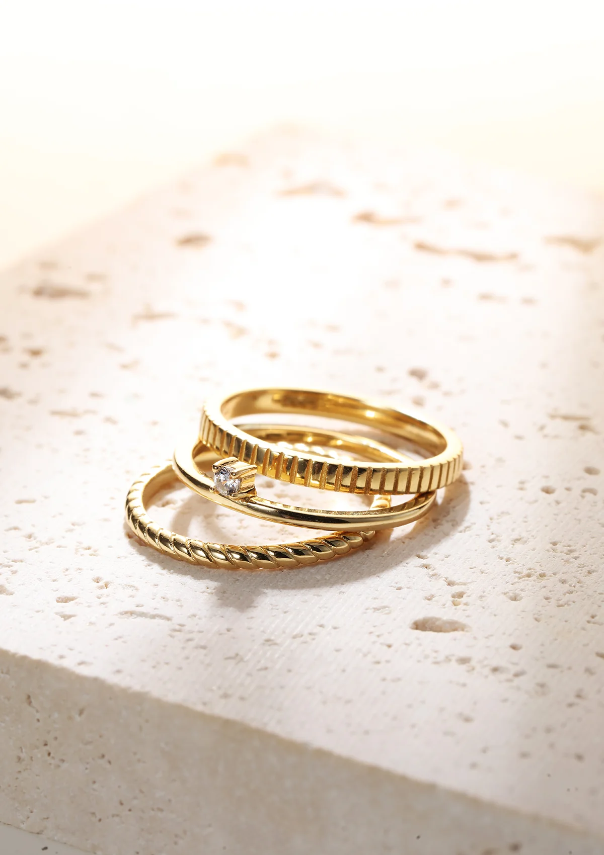 Triple Textured Ring Set Sterling Silver Gold - Image 3